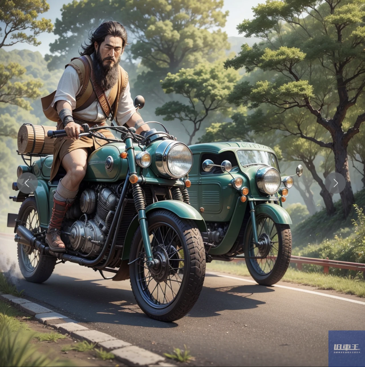 AIが作成した縄文人ぽい人が運転するサイドカー